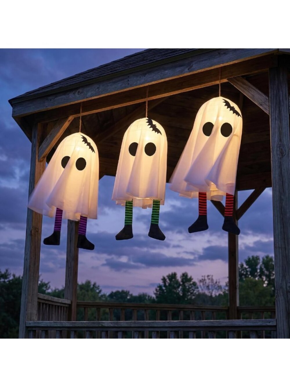 Set of 3 Glowing Hanging Ghost Ornaments - Light Up Halloween Decor